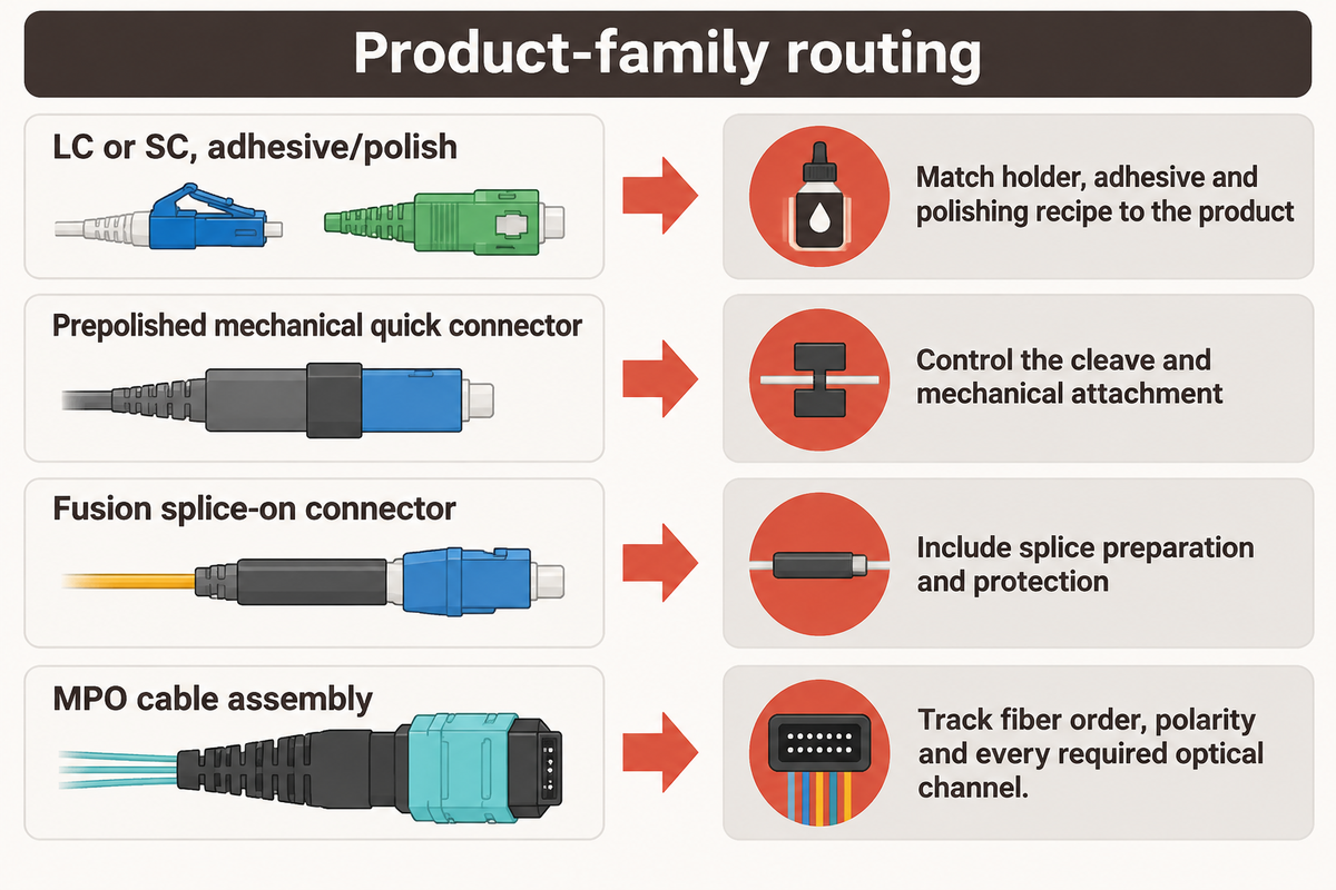 Connector families require different tooling, attachment and optical-channel handling (Fiber Optic Association).