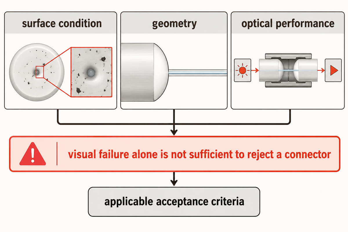 Visual inspection supplements geometry and optical tests; visual failure alone does not reject a connector (IEC 61300-3-35).