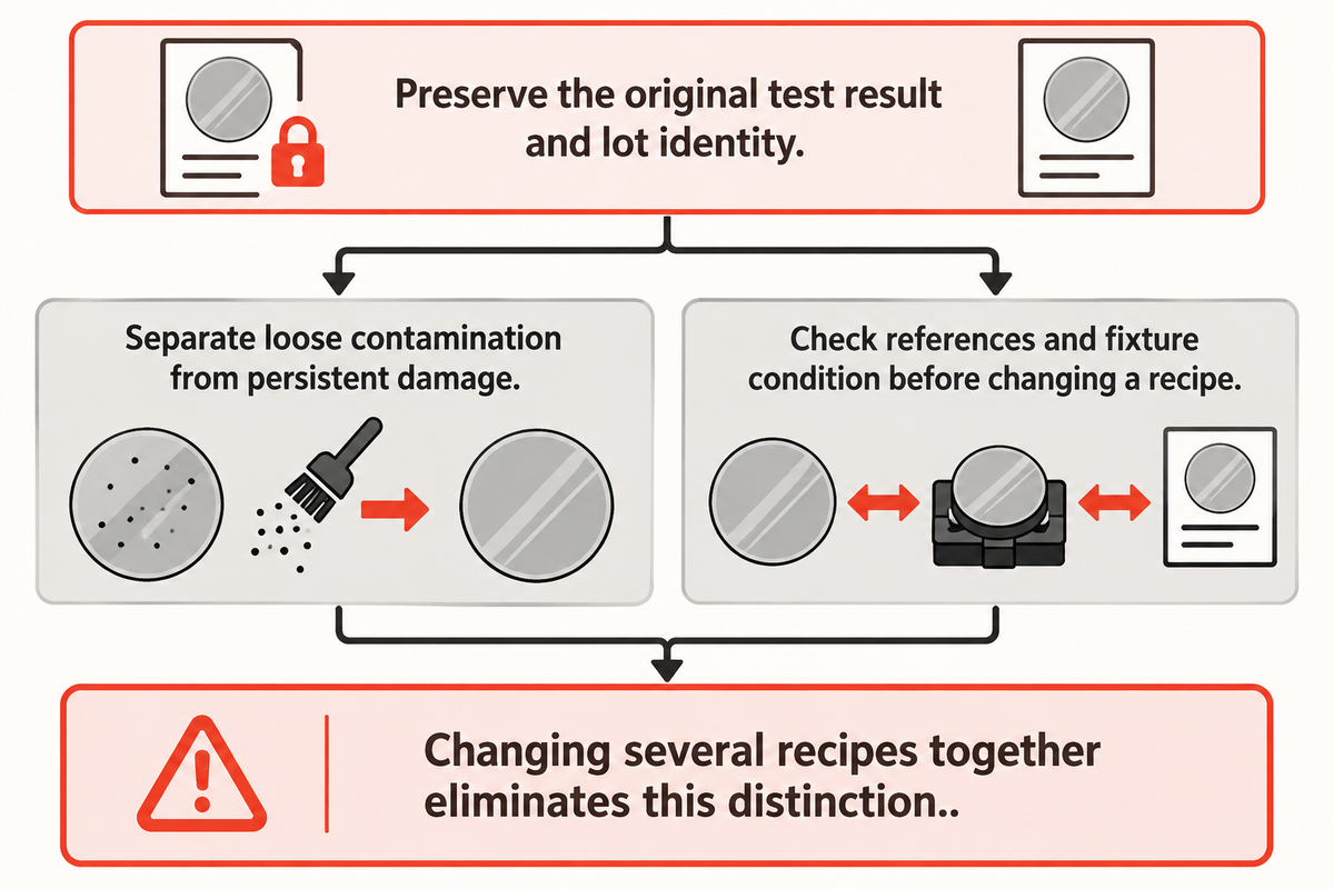 Preserve original readings and compare the setup before changing a process; historical NIST and Reed mechanism evidence.