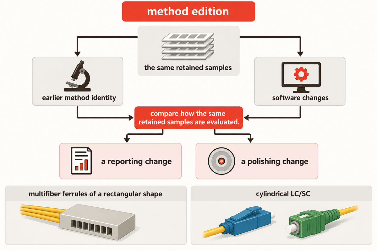 Compare retained samples after a method change; rectangular multifiber and cylindrical LC/SC scopes differ (IEC).