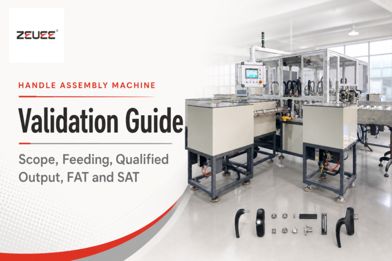 ZEUEE handle assembly machine validation guide for feeding, output, FAT and SAT