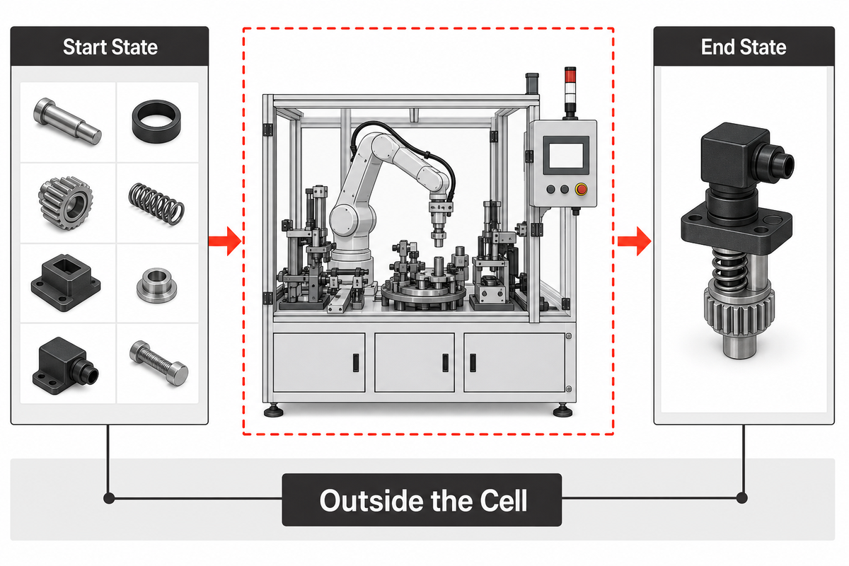 Handle assembly machine boundary from start state to end state with outside-cell exclusions