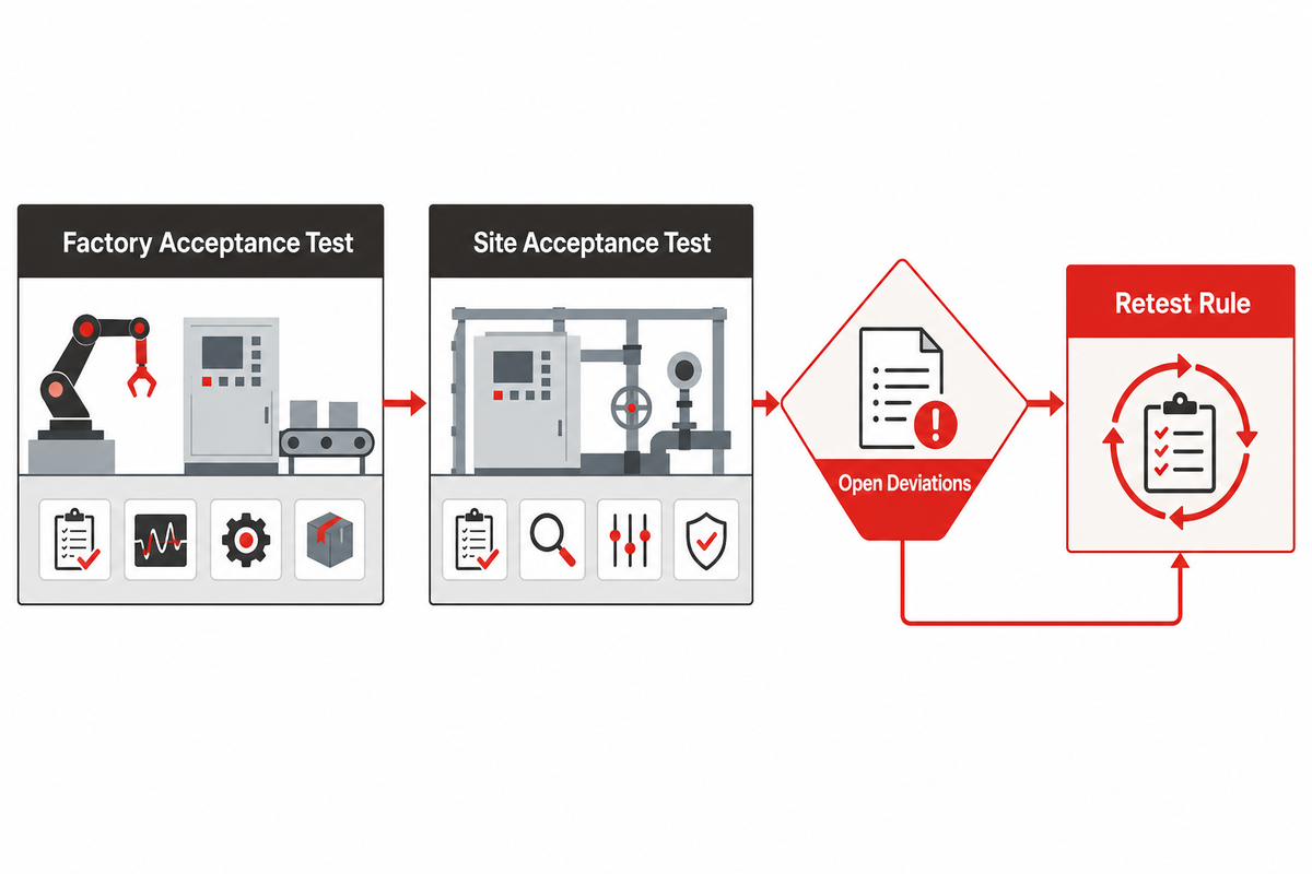 Factory acceptance flows to site acceptance with open deviations and a controlled retest rule