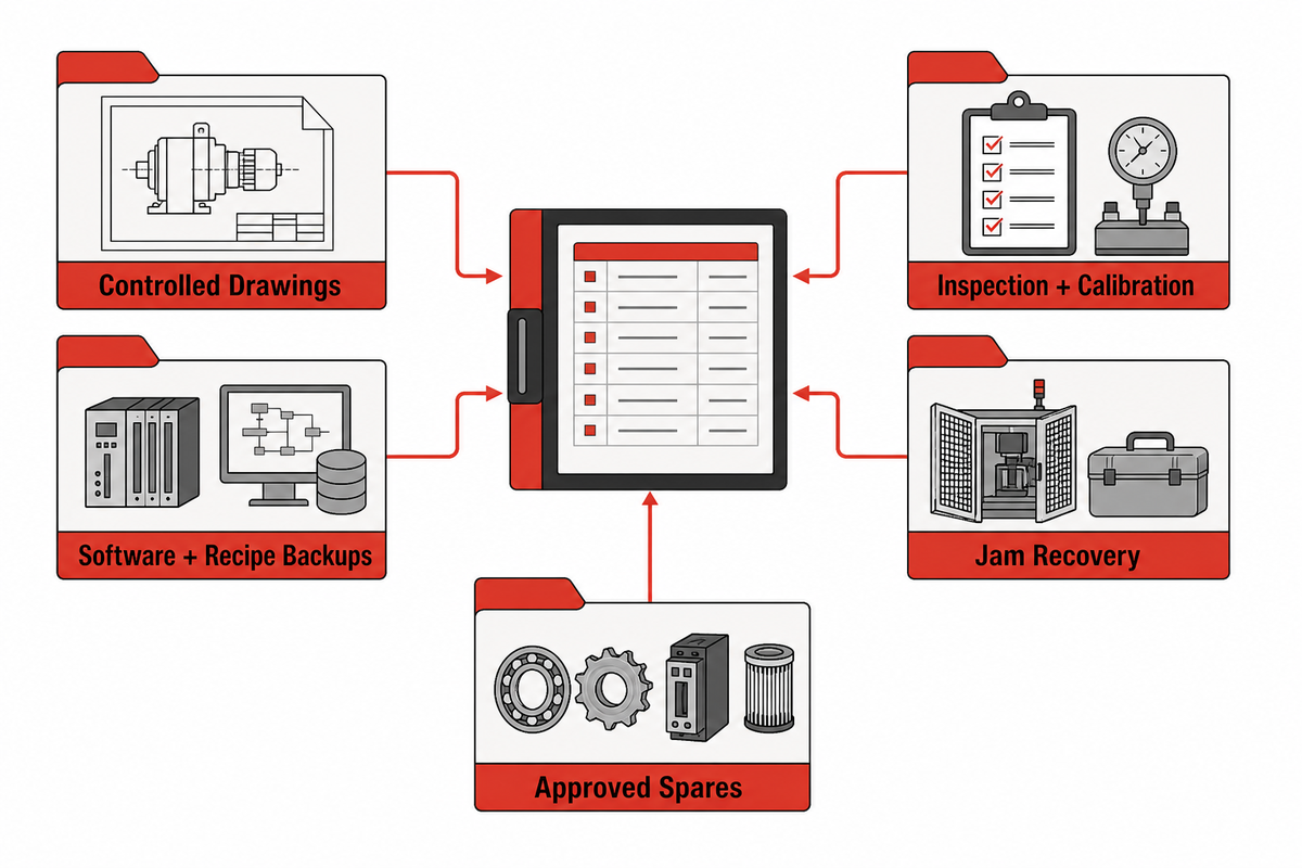 Technical handoff register covers drawings, software, inspection, jam recovery and approved spares