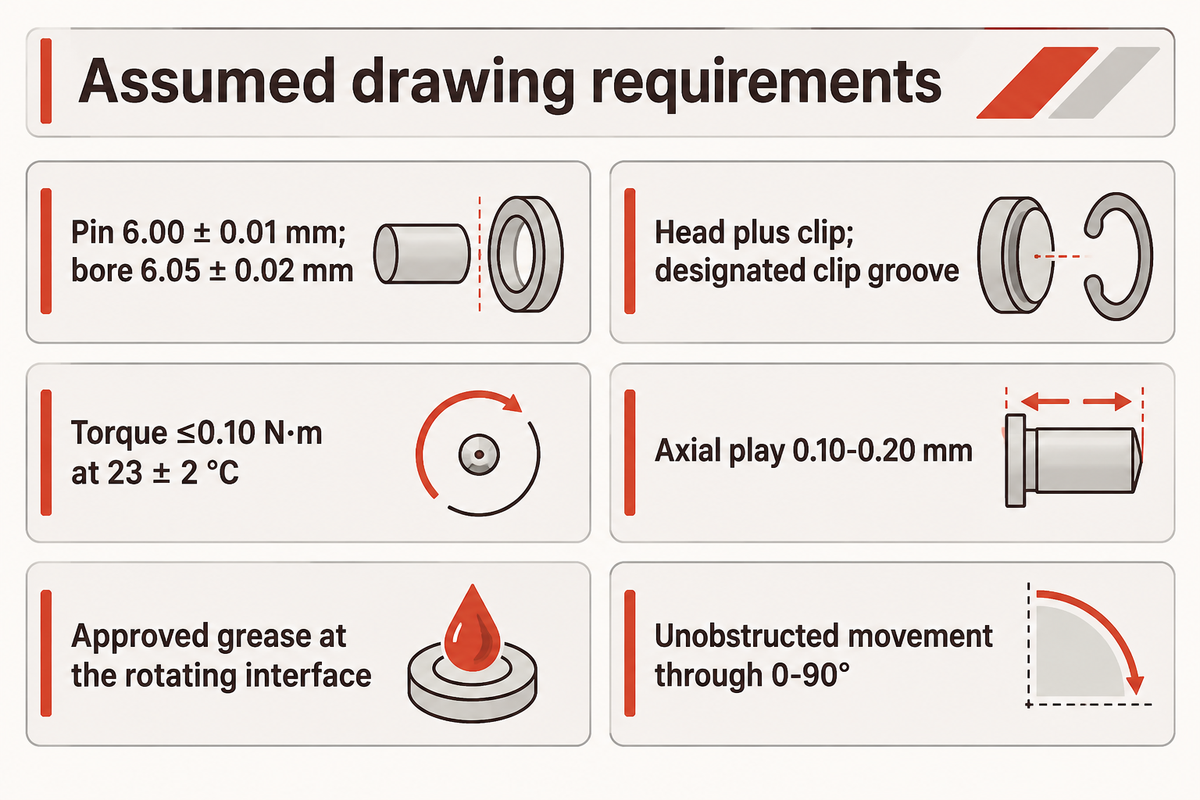 Assumed joint requirements cover geometry, retention, torque, axial play, lubrication and motion; guide teaching example.