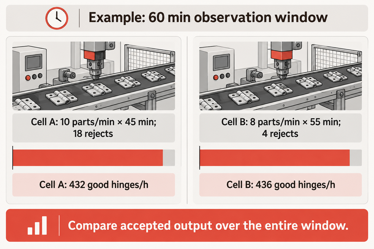 Assumed equal-hour example: the slower cycle yields 436 accepted hinges versus 432 because operating time and rejects differ.