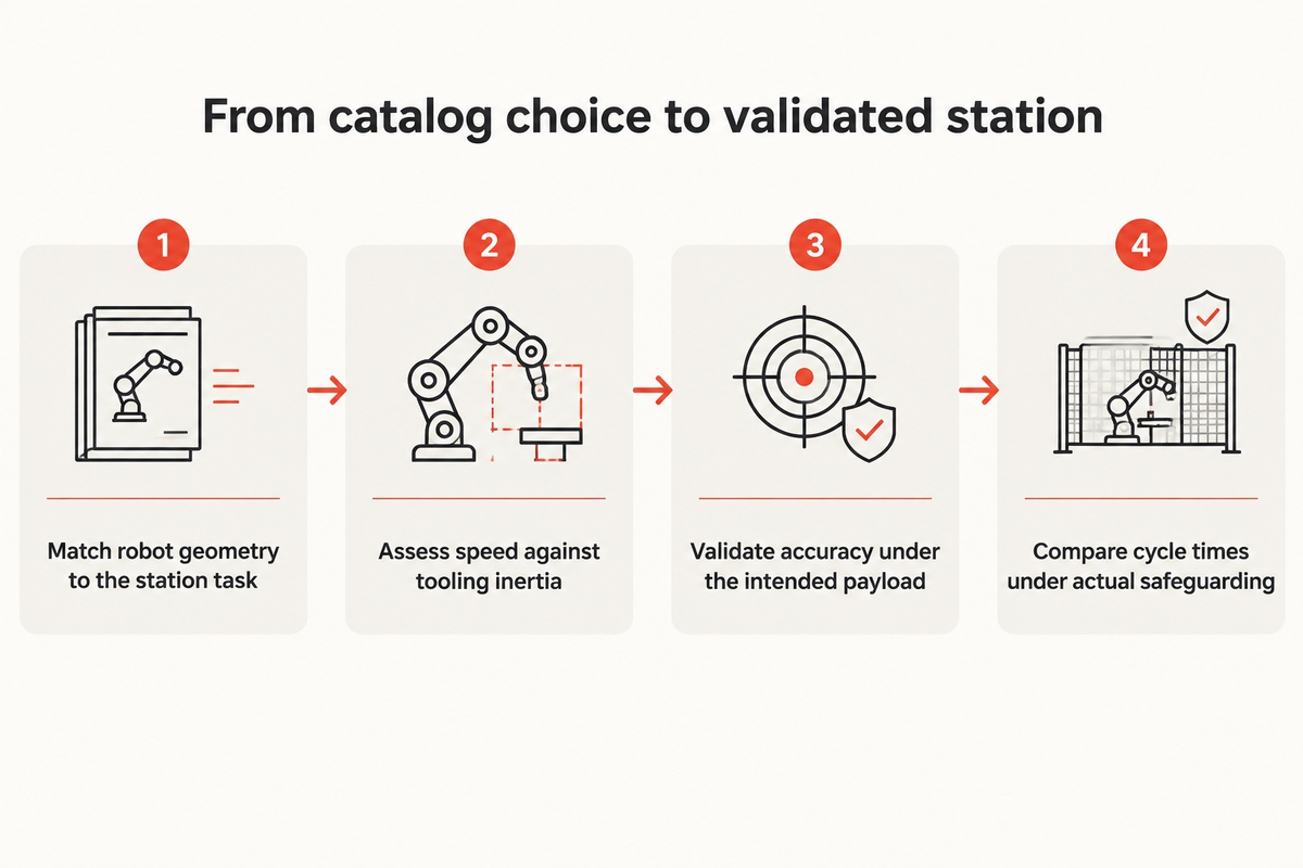 Robot selection progresses through station duty, tooling inertia, loaded accuracy and actual safeguarded cycle time.