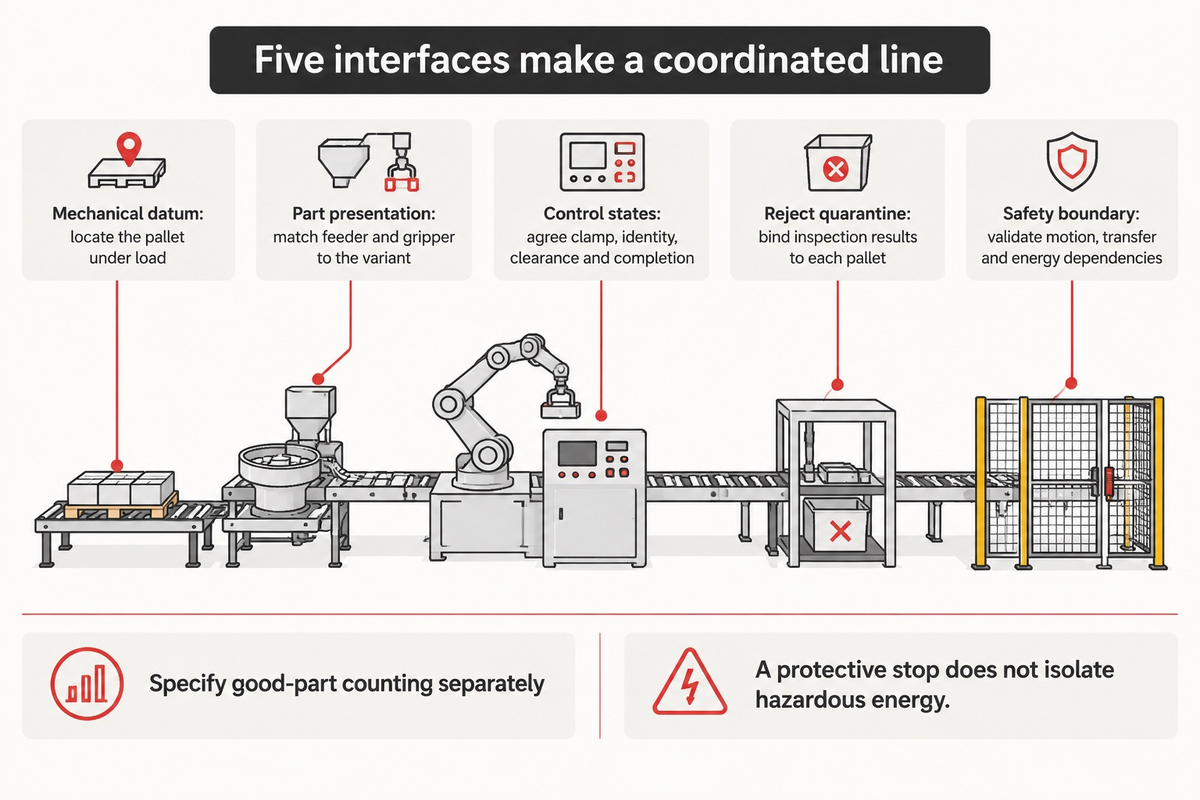 Five integration interfaces connect datum, feeding, control, rejection and safety; guide synthesis.