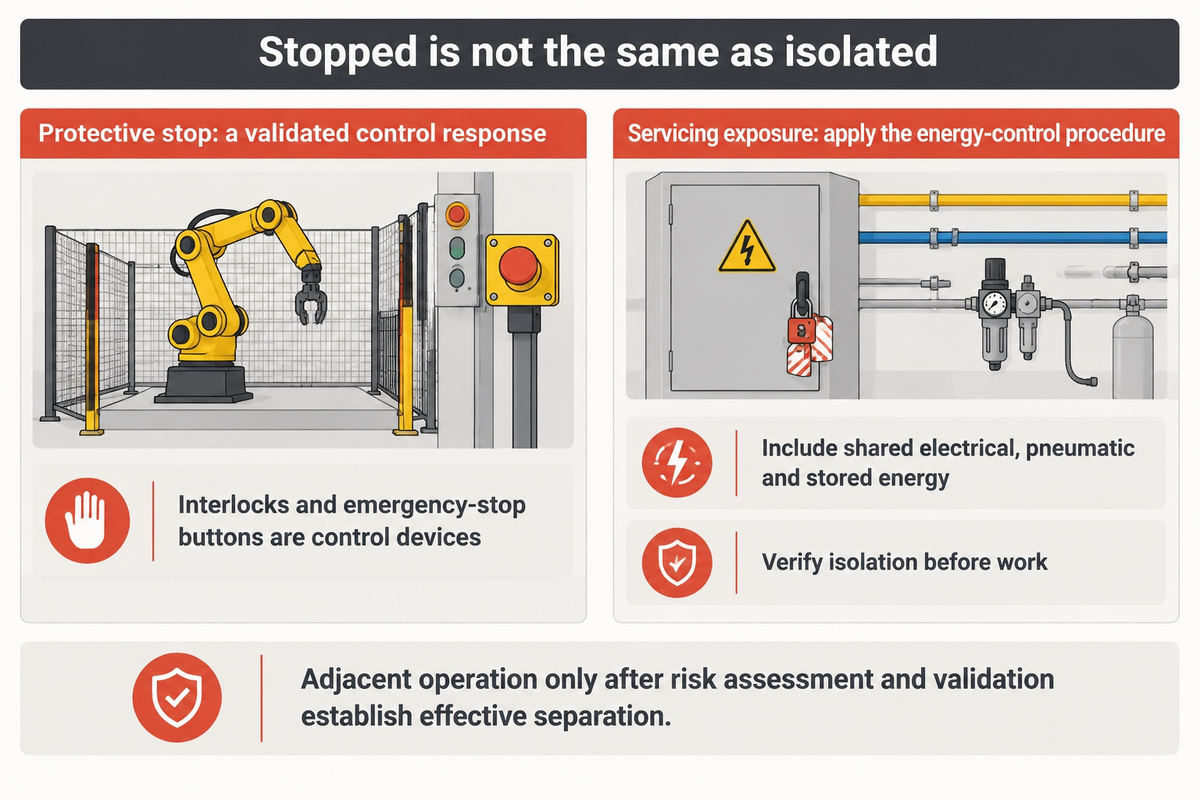 Protective stopping differs from energy isolation; adjacent-zone operation needs validated separation. OSHA-based synthesis.