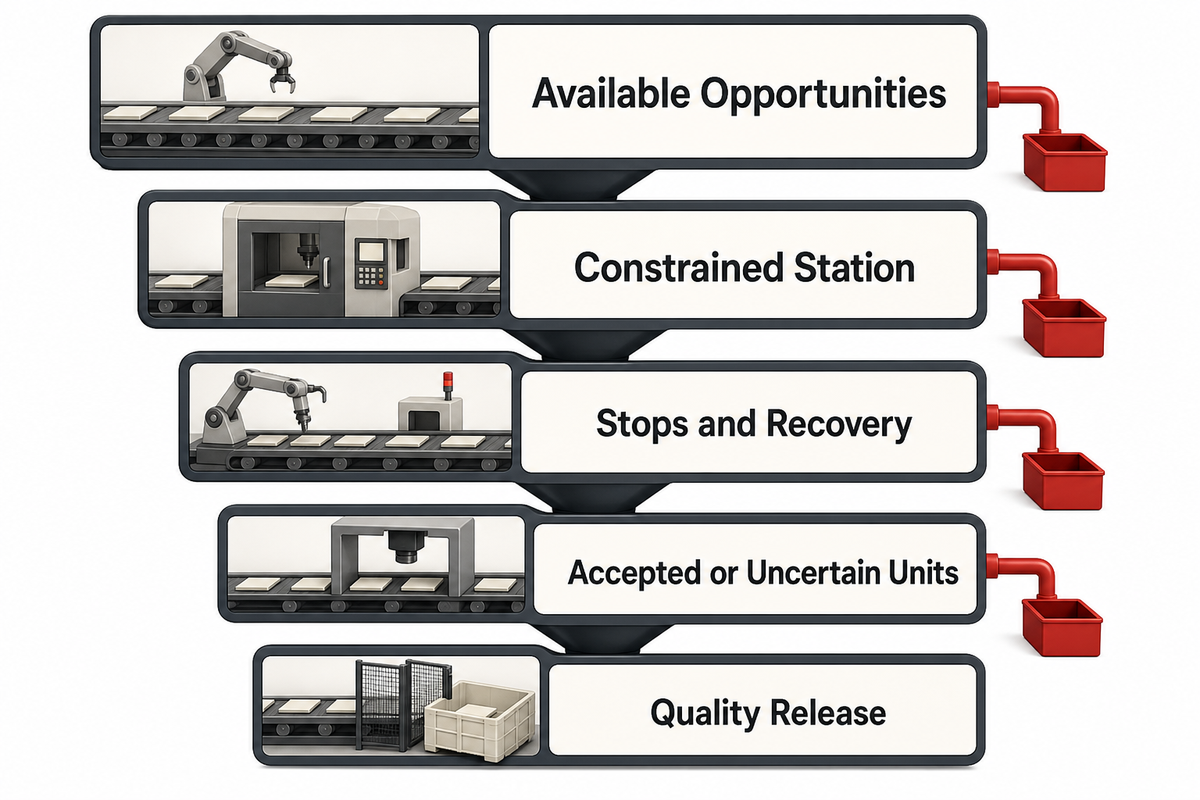 Five-stage constraint cascade from available opportunities to quality release
