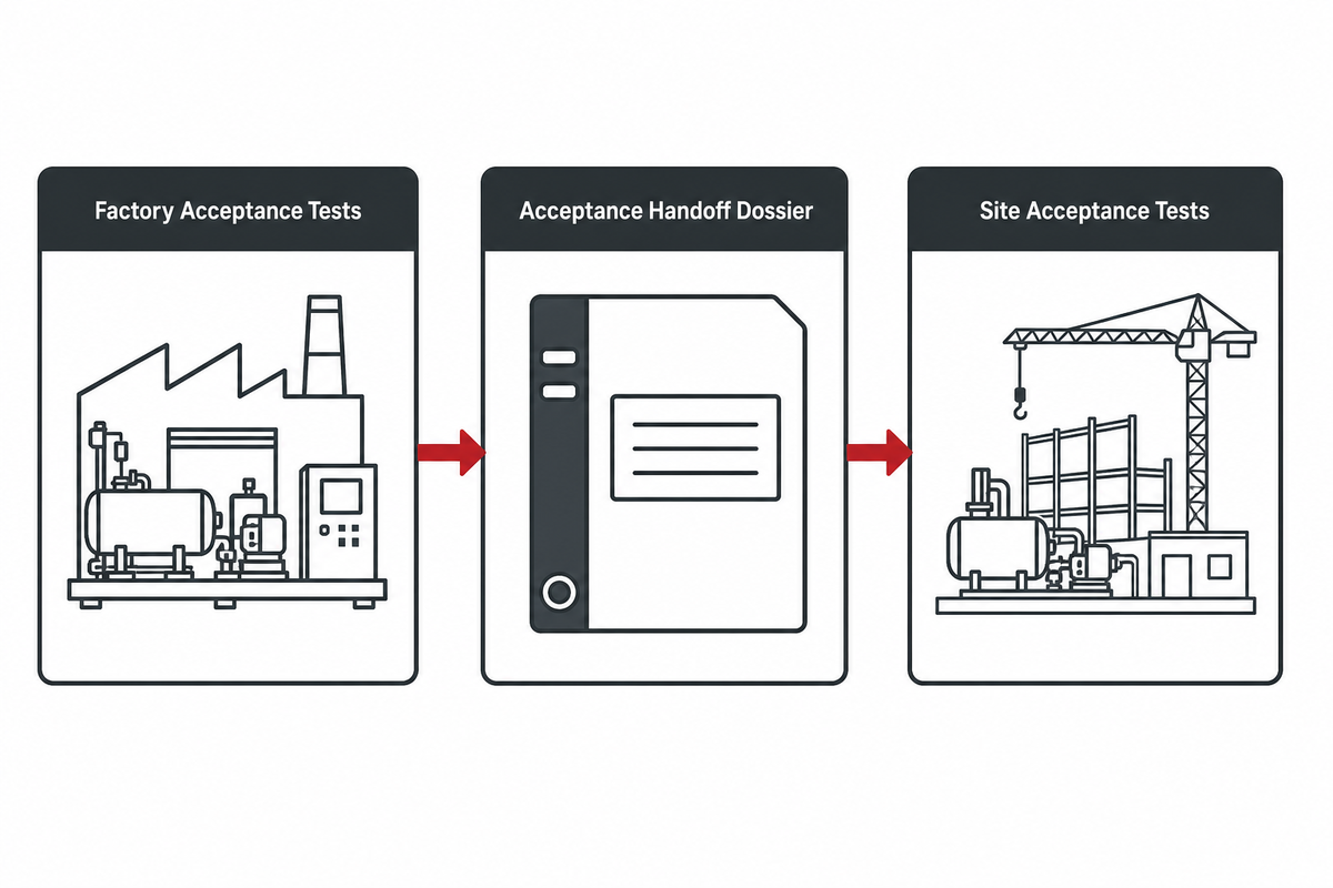 Factory acceptance and site acceptance linked by an evidence handoff dossier