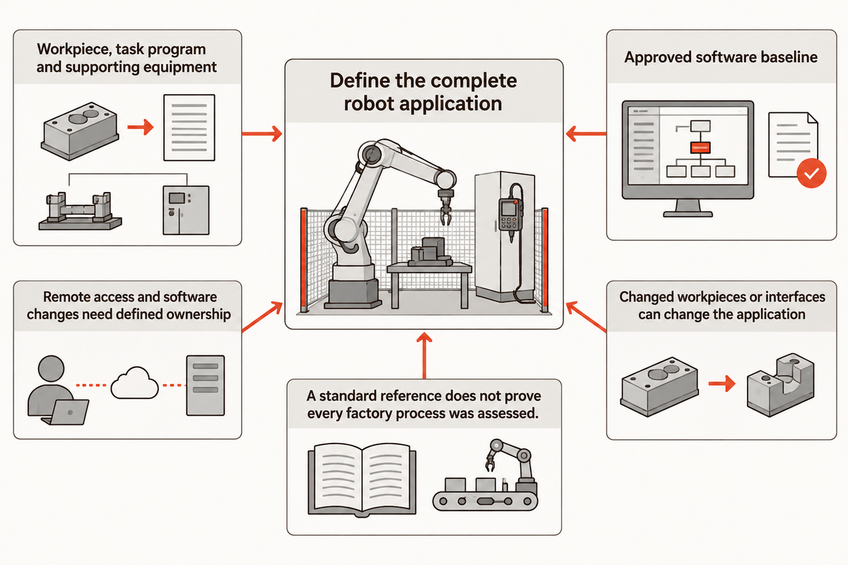 Der Robotik-Anwendungsbereich umfasst Werkstück, Aufgabe und Ausrüstung; Änderungen brauchen klare Zuständigkeiten. Zusammenfassung zu ISO 10218-2:2025/A3.