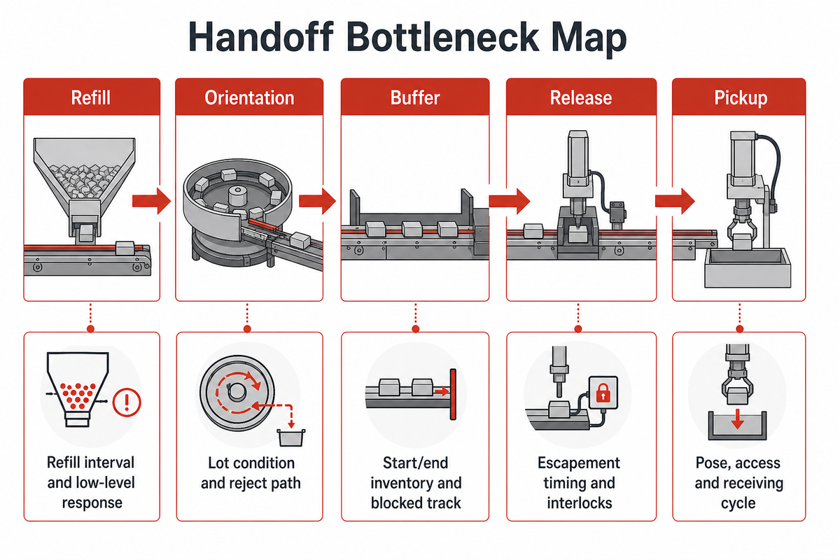 Handoff Bottleneck Map traces refill, orientation, buffer, release and pickup before buying more feeding capacity.