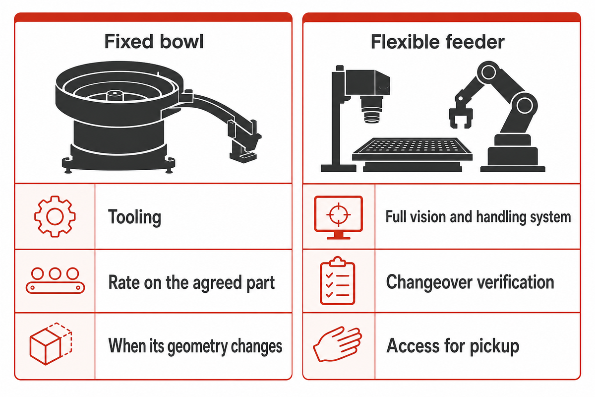Compare fixed tooling against the full flexible feeding cell and changeover work; ASSEMBLY and Loy-Reinhart study.